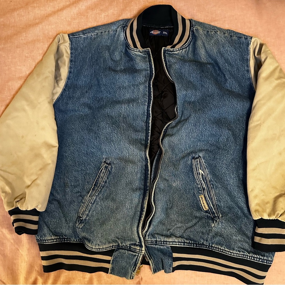 Dickies Blue Denim Varsity Jacket with Cream Sleeves